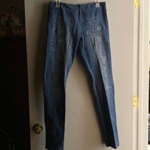 Ladies blue denim distressed jeans with clear crystal down each pant leg